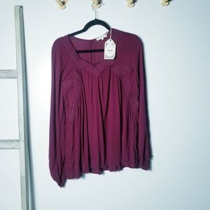 NWT ENTRO WOMEN'S BURGUNDY LONG SLEEVE BLOUSE SIZE MEDIUM (SEE ALL PHOTOS)
